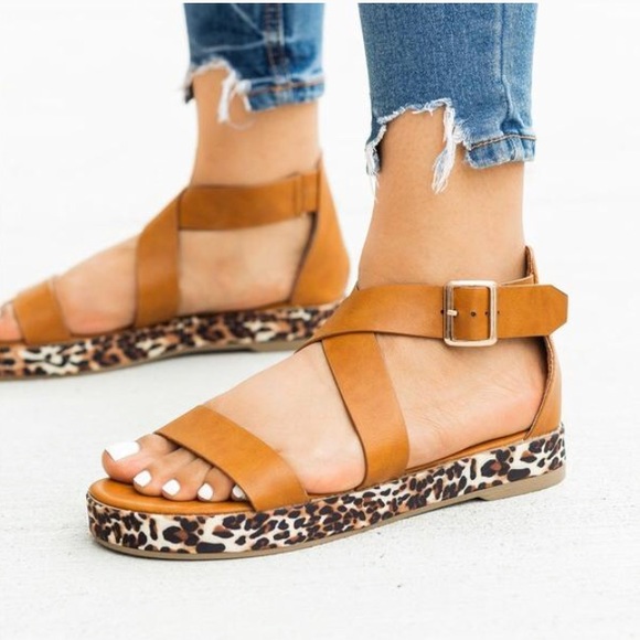 Cognac Leopard Sole Faux Leather Sandals - Picture 3 of 4